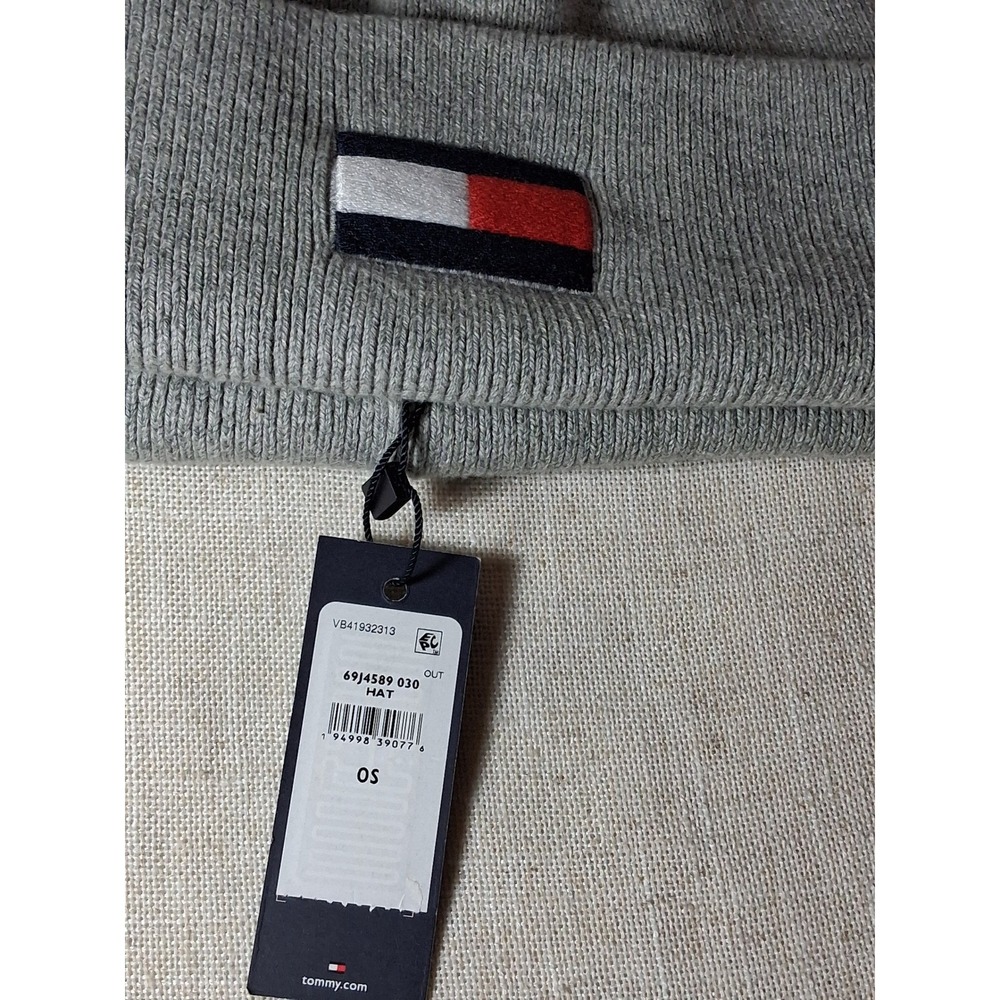 Tommy Hilfiger Mens Unisex Gray Ribbed Knit Flag Logo Beanie Hat 69J4589 030 OS